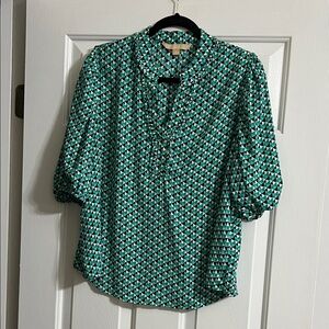 Hope & Harlow Blue and Green Geometric V Neck Short Sleeve Ruffle Blouse XL